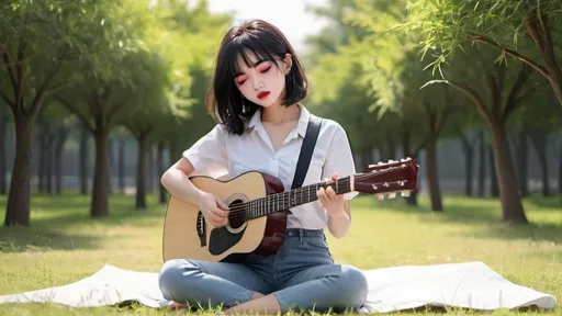 Prompt: a girl, playing guitar, sitting on grass, natural space, cool breeze, white shirt, wearing jeans, hand drawing, hands with 5 fingers, black eyes, black hair, red lips, very sunny