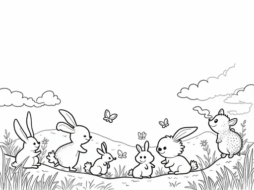 Prompt: (black and white), cartoon style, (pastel color scheme), various animals, playful setting, fun interactions among animals, whimsical background, ideal for coloring pages, simple lines, engaging and cheerful atmosphere, cute expressions, outlines bold yet smooth, 2D illustration, inviting and delightful theme.