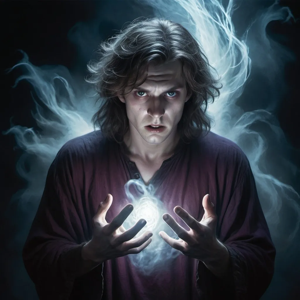 Prompt: Create an intense and dramatic illustration featuring a close-up of a frightened man with a pale complexion, illuminated by a glowing, otherworldly light. His expression is one of shock and fear, as he holds a mystical artifact close to his chest. Behind him, a ghostly, menacing spirit with wild, flowing hair and an ethereal presence reaches out with clawed hands, as if about to capture the man. The background should be a dark, ominous landscape, with swirling mist and faint, shadowy figures. Use a color palette dominated by deep purples, blues, and reds to evoke a sense of dread and supernatural power. The overall composition should emphasize the tension and danger of the moment