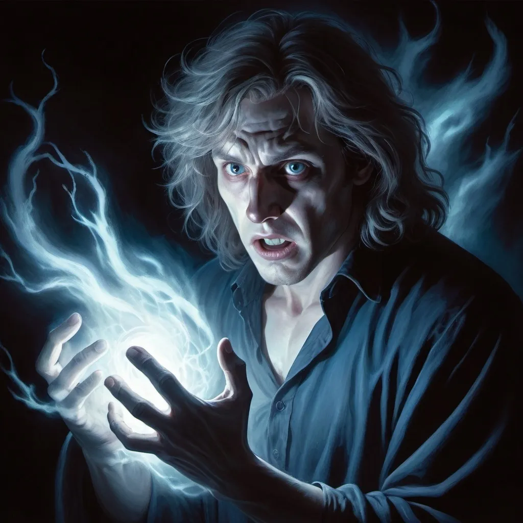 Prompt: Create an intense and dramatic illustration featuring a close-up of a frightened man with a pale complexion, illuminated by a glowing, otherworldly light. His expression is one of shock and fear, as he holds a mystical artifact close to his chest. Behind him, a ghostly, menacing spirit with wild, flowing hair and an ethereal presence reaches out with clawed hands, as if about to capture the man. The background should be a dark, ominous landscape, with swirling mist and faint, shadowy figures. Use a color palette dominated by deep purples, blues, and reds to evoke a sense of dread and supernatural power. The overall composition should emphasize the tension and danger of the moment