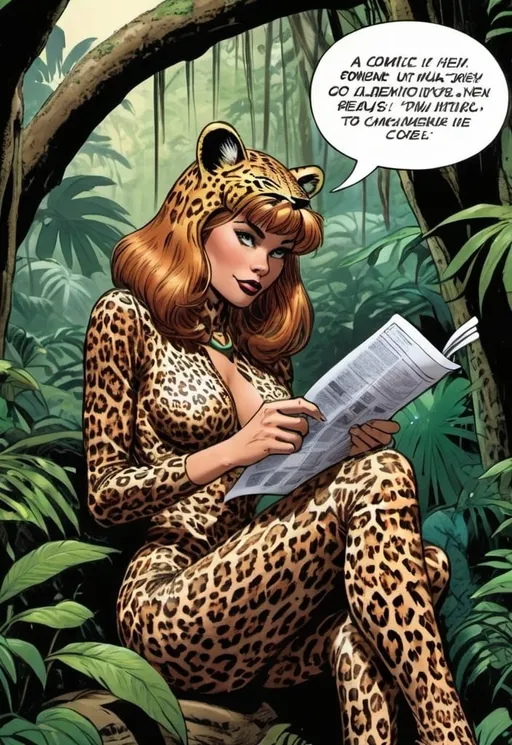 Prompt: a woman in a leopard costume sitting in the jungle reading a paper with a speech bubble above her head, Alan Davis, furry art, comic book, a comic book panel