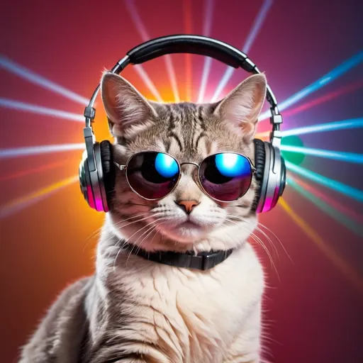 Prompt: A cat is wearing sunglasses and headphones in front of a disco ball with laser lights 
