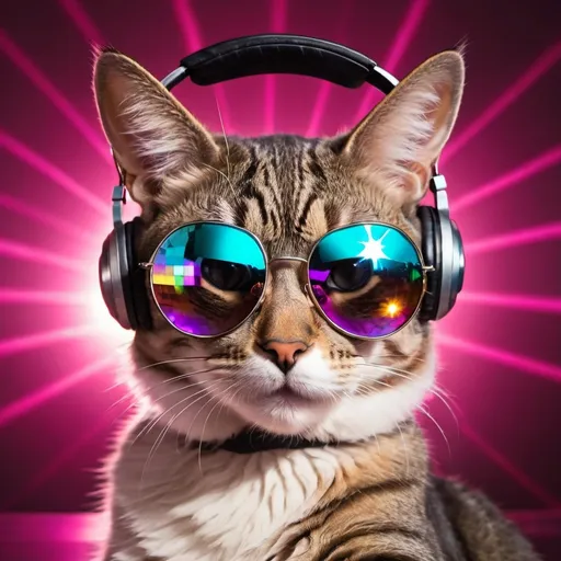 Prompt: A cat is wearing sunglasses and headphones in front of a disco ball with laser lights 
