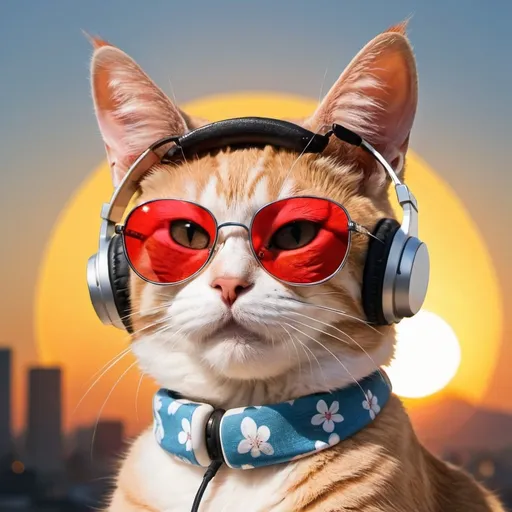 Prompt: A cat is wearing sunglasses and headphones in front of the japan rising sun