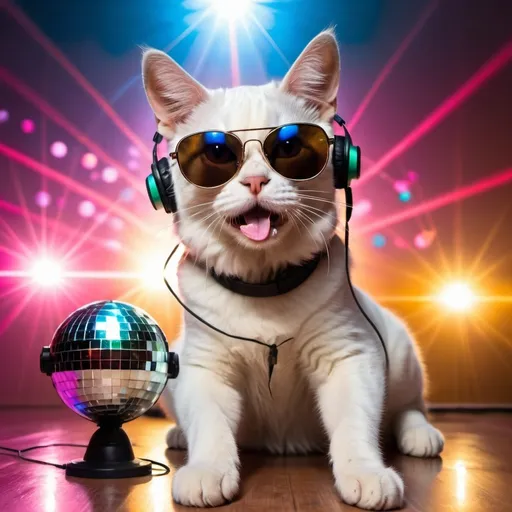 Prompt: A cat is wearing sunglasses and headphones in front of a disco ball with laser lights. in the sunglasses reflection is a dog licking it's own bum
