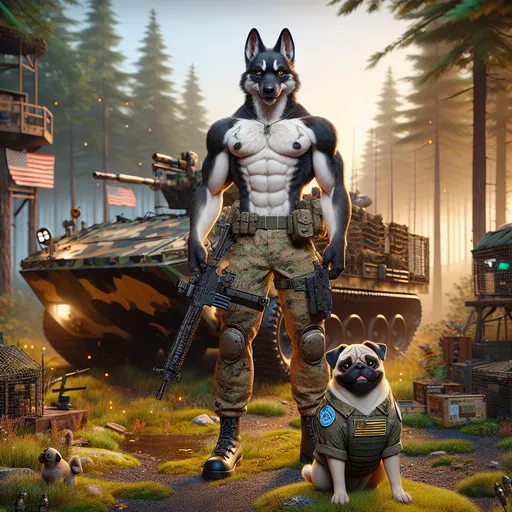 Prompt: A muscular anthropomorphic white wolf soldier (furry) with black markings, featuring a prominent chest and holding a heavy weapon, confidently stands in front of a fully visible American Abrams tank with a U.S. flag, maximally detailed in the background. Next to him stands a beautiful little pug in a military outfit with a blue-and-yellow Ukrainian flag patch only on the pug's clothes. The scene is illuminated by soft sunlight, highlighting the furry and the pug. Art style: semi-realism with a focus on textures and shadows, vibrant colors, and a warm, dynamic atmosphere.

Surrounding them is a dense forest where towering pines and mighty oaks intertwine with military structures, camouflaged to blend into the natural landscape. Metallic bunkers, covered in moss, glimmer between the trees, along with hunting towers armed with sharpened spikes. From time to time, the distant sounds of machinery and radio chatter echo through the quiet woods. In the clearings, fortified positions seem fused with the ground, while ancient artifacts—weathered blades and amulets inscribed with runes—lie nestled among the roots of old trees. A light mist drifts along the forest floor, adding an air of mystery, while fireflies flicker at the edges, lighting the way for those who navigate the boundary between war and myth.