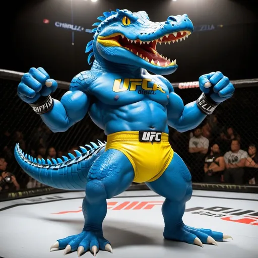 Prompt: Imagine a super strong fighter who's part bird and part alligator. Chirpzilla is really tall, with cool blue feathers and powerful legs for super kicks.  They also have strong arms with big hands. 
For clothes, Chirpzilla put him in a ufc uniform tight shorts put him in the ring crowd going wild in the back