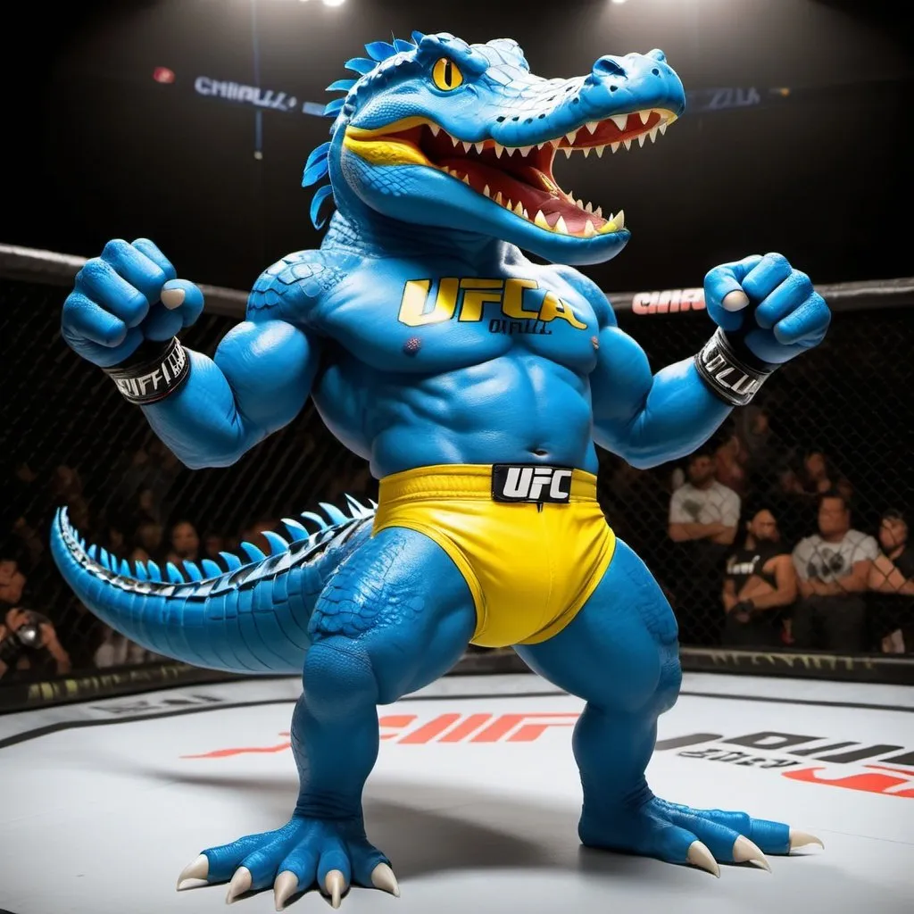 Prompt: Imagine a super strong fighter who's part bird and part alligator. Chirpzilla is really tall, with cool blue feathers and powerful legs for super kicks.  They also have strong arms with big hands. 
For clothes, Chirpzilla put him in a ufc uniform tight shorts put him in the ring crowd going wild in the back