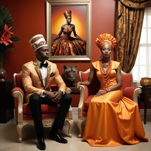 Prompt: /imagine prompt: african Queen and King, african american, flamboyant outfit, afrocentric interior design --q 5
