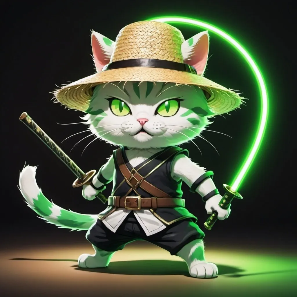 Prompt:  Anime Cat with straw hat and neon green swords ABOUT TO FIGHT