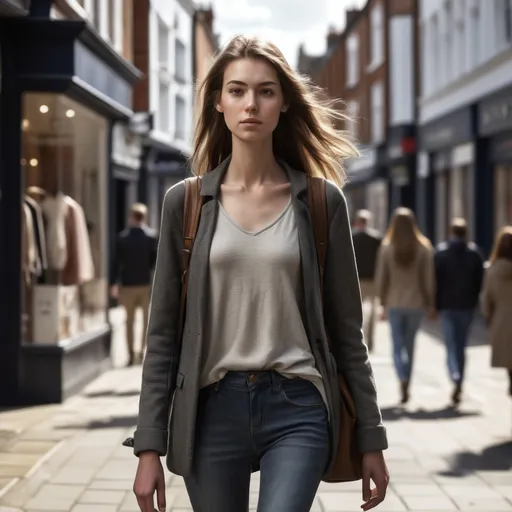 Prompt: Tall young woman walking down the high street, detailed clothing, realistic, natural lighting