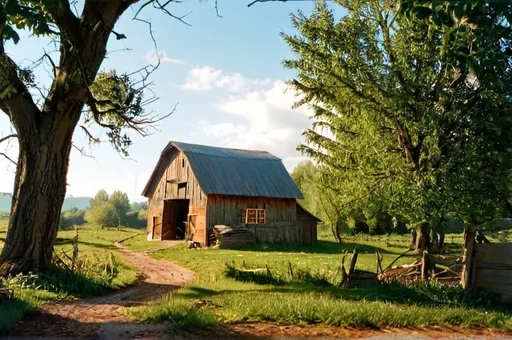 Prompt: Rustic farmers field, (old barn) in the background, apple trees, some farm animals, path in the distance, soft sunlight casting warm shadows, nostalgic vibe, wide open skies, hints of blue overhead, slightly rugged dirt path leading to the barn, serene and peaceful atmosphere, (vibrant, warm color tones), ultra-detailed, high quality, picturesque rural landscape.