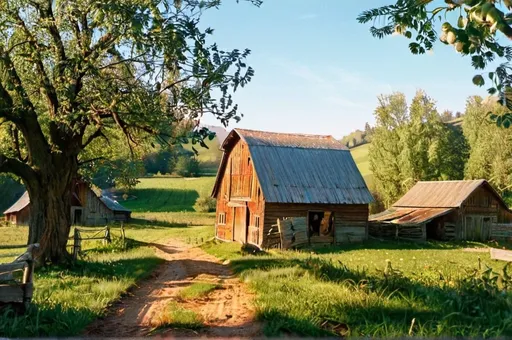 Prompt: Rustic farmers field, (old barn) in the background, apple trees, some farm animals, path in the distance, soft sunlight casting warm shadows, nostalgic vibe, wide open skies, hints of blue overhead, slightly rugged dirt path leading to the barn, serene and peaceful atmosphere, (vibrant, warm color tones), ultra-detailed, high quality, picturesque rural landscape.