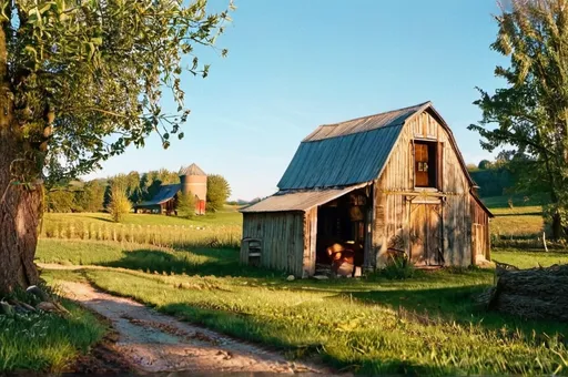 Prompt: Rustic farmers field, (old barn) in the background, apple trees, farmers path in the distance, soft sunlight casting warm shadows, nostalgic vibe, wide open skies, hints of blue overhead, slightly rugged dirt path leading to the barn, serene and peaceful atmosphere, (vibrant, warm color tones), ultra-detailed, high quality, picturesque rural landscape.