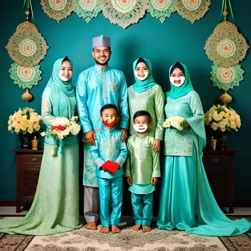 Prompt: Award photo of happy Malay family, modern Malay attire in light blue and green, detailed traditional elements, high quality, modern design, family portrait, joyful expressions, intricate fabric patterns, professional lighting, vibrant colors, detailed embroidery, cultural celebration