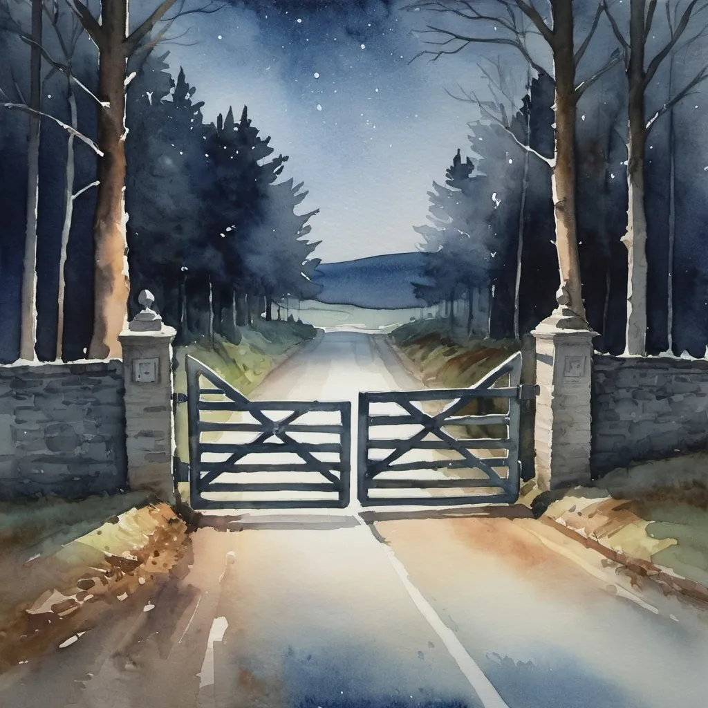 Prompt: Watercolor painting, road gate in the woods at night