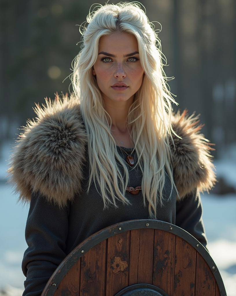 Prompt: Create a highly photorealistic image of a beautiful viking shieldmaiden, she is fit, has thick legs, she has long platinum blonde hair, she is dressed in furs, but you can see her fit legs.