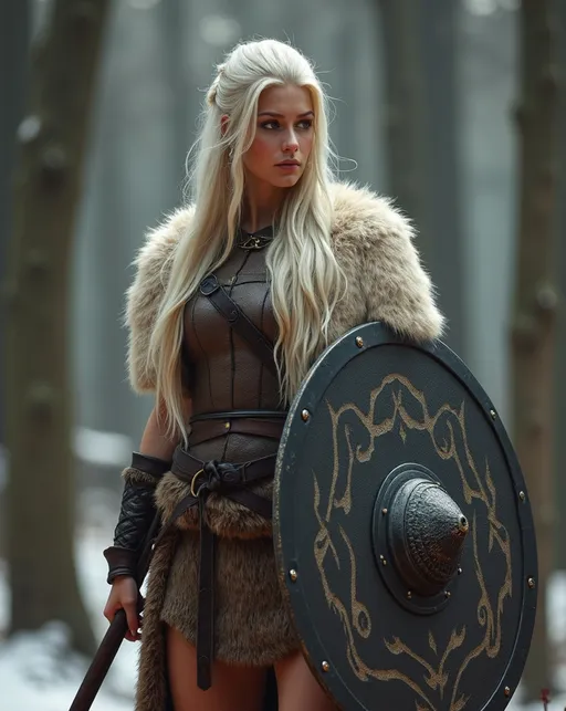 Prompt: Create a highly photorealistic image of a beautiful viking shieldmaiden, she is fit, has thick legs, she has long platinum blonde hair, she is dressed in furs, but you can see her fit legs.