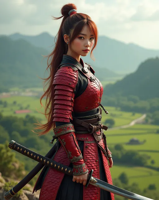 Prompt: Create a highly photorealistic image of a beautiful samurai female warrior, chestnut hair, amber eyes, thick legs, clad in a red dragon scale samurai armor, she has a beautiful katana, she stands on a mountain top looking over a green valley with rice fields.