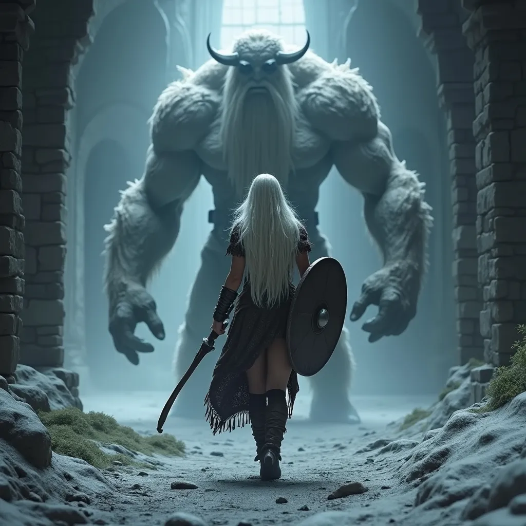 Prompt: Generate a highly realistic image of a fit and beautiful viking shieldmaiden, long platinum hair, thick legs, facing a menacing ice giant in gloomy ancient halls.