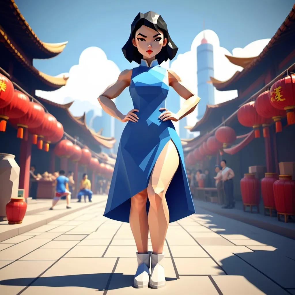 Prompt: cute simple low poly render, Chun Lee, woman with long thick legs, blue dress, white boots Streetfighter, Chinese market background.