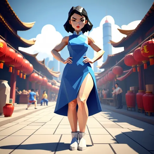 Prompt: cute simple low poly render, Chun Lee, woman with long thick legs, blue dress, white boots Streetfighter, Chinese market background.