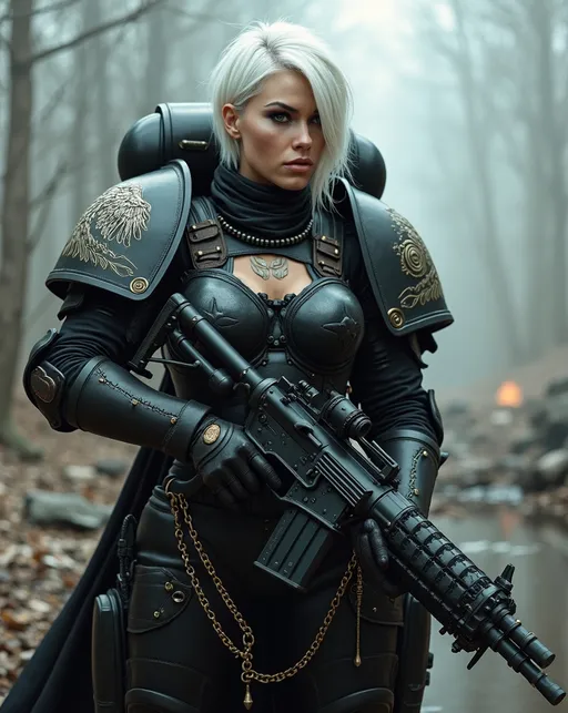 Prompt: Generate a highly detailed portrait picture of a beautiful woman fighter in Warhammer 40k theme, Adepta Sororitas, Black Legion. She has black armor with white ornate wings on the armor shoulders, no helmet, she is beautiful, white short hair, reaching only to her shoulders. She is wielding a giant attack rifle with multiple muzzles. She can be seen in a scene of post battle, foggy swamp, much destruction laying around.