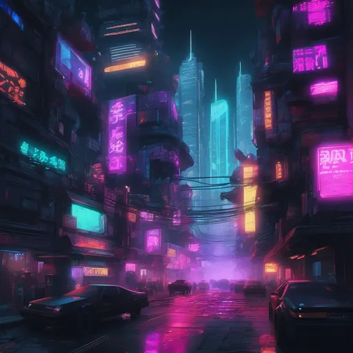 Prompt: A cyberpunk megacity with neon lights, dark alleys and a few huge buildings scattered among the skyscrapers.