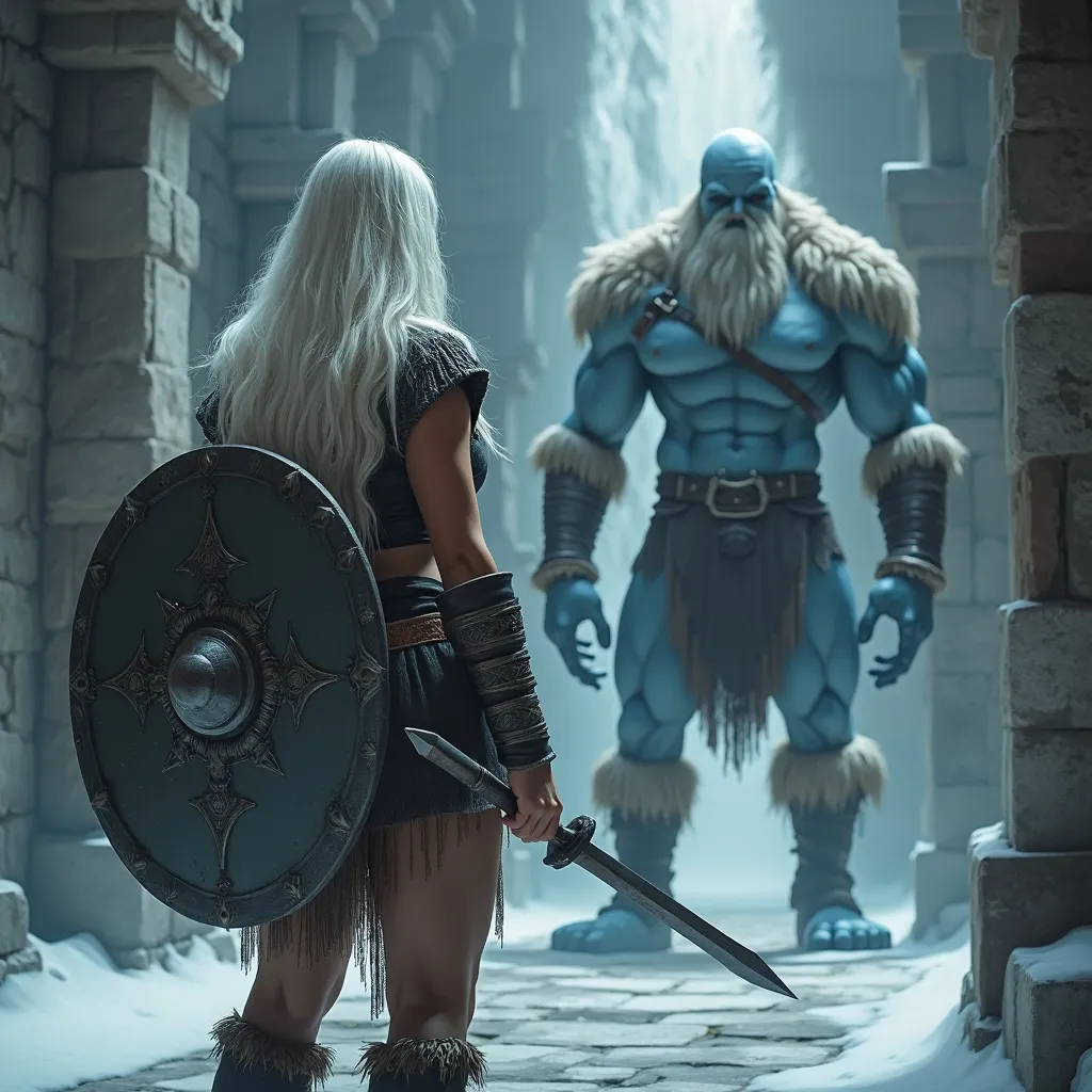 Prompt: Generate a highly realistic image of a fit and beautiful viking shieldmaiden, long platinum hair, thick legs, facing a menacing ice giant in gloomy ancient halls.