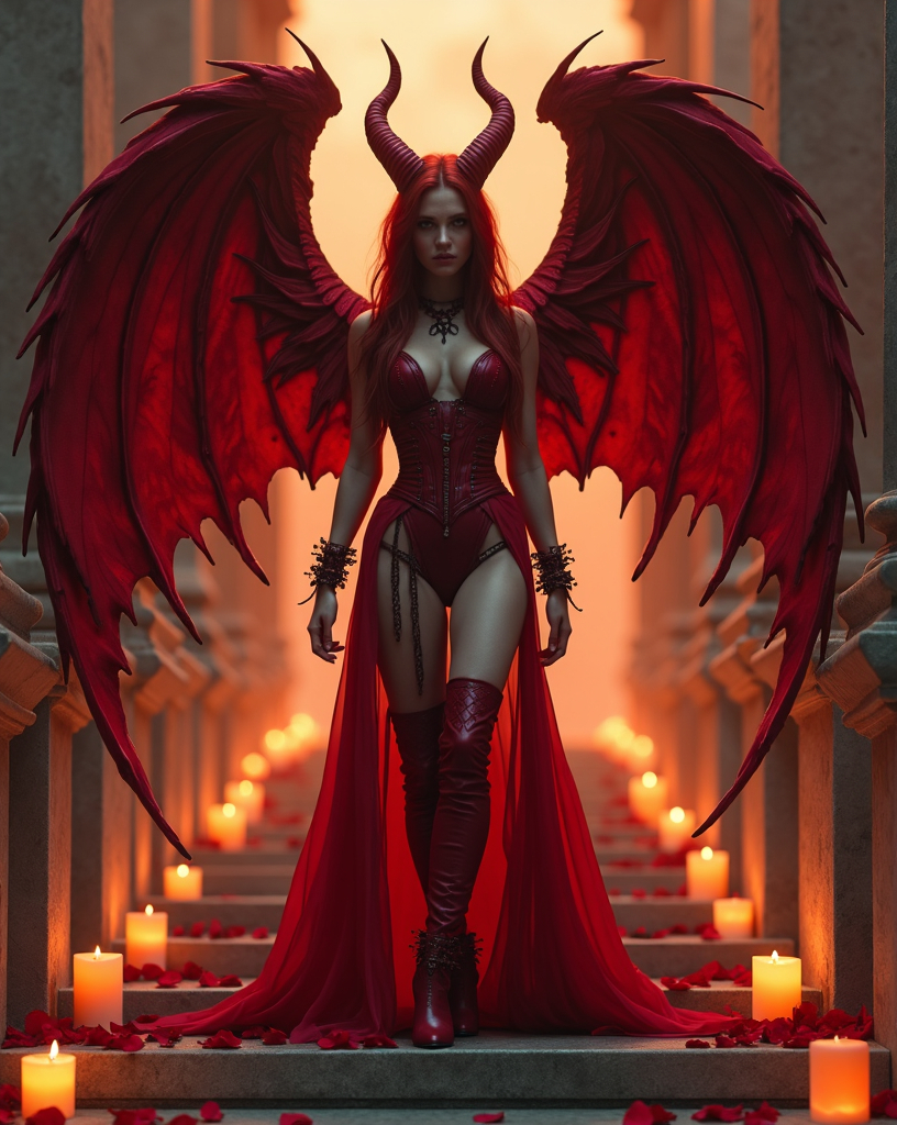 Prompt: Create a highly photorealistic, full body shot with a professional camera lens, an unholy but sensual temple background image of Lilith, lighting from fires and candles, a nocturnal, vampiric succubus who takes the form of a beautiful woman with long hair and huge wings, made out of detailed rose petals, some are falling to the ground. Extremely detailed wings. Her ornaments are: her hair is long and red like the rose, her cheeks are white and red, from her ears hang six ornaments, Egyptian cords and all the ornaments of the Land of the East hang from her neck. She is wearing a scarlet latex corset and long red spiked leather boots. Her thigs are thick and oily, shining in the candle light. Her mouth is set like a narrow door, comely in its decor; her tongue is sharp like a sword, her words are smooth like oil, her lips red like a rose and sweetened by all the sweetness of the world. Her legs are thick, shining with olive oil. She is dressed in scarlet. She is stepping up the stairs, gazing towards you. Her foot is in front of the other foot.  Her wings are spread out, covering most of the background.