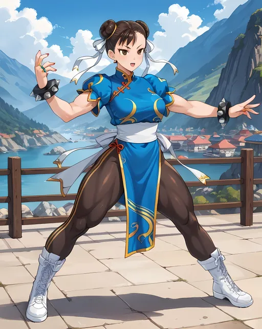 Prompt: Chun-Li wears a qipao, a Chinese dress imported over from Manchuria that became popular among girls during the early 20th century. Her outfit is modified to allow a far wider range of movement than a normal qipao. She also wears white combat/boxing boots of varying height (around calf-length in games such as the Street Fighter II. Her qipao is blue with golden accents with a white waistband embroidered with a dragon pattern, a detail only seen in her Street Fighter II art before being officially added in Street Fighter V. She was originally supposed to wear a peach-colored qipao, as seen in her in-game profile and ending in the original Street Fighter II. Large spiked bracelets, whose ring is black steel and spikes are white/chrome polished steel are worn on both arms. She's standing on a mountain plateu in daylight.