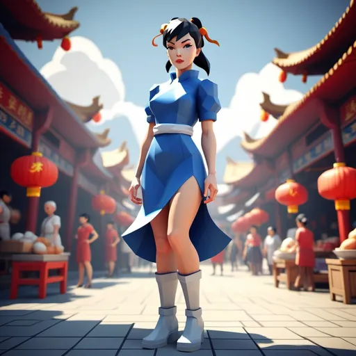 Prompt: cute simple low poly render, Chun Lee, woman with long thick legs, blue dress, white boots Streetfighter, Chinese market background.