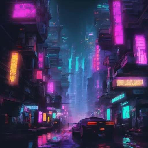 Prompt: A cyberpunk megacity with neon lights, dark alleys and a few huge buildings scattered among the skyscrapers.