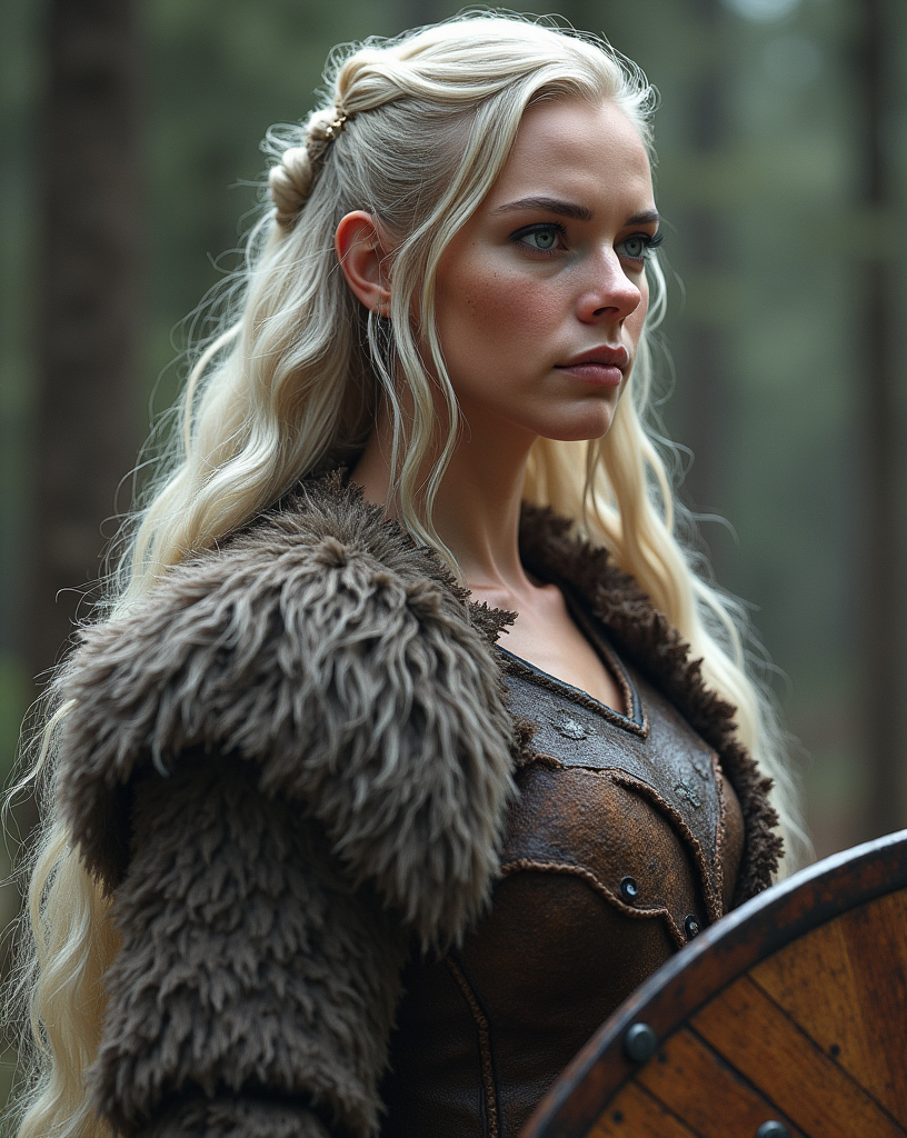 Prompt: Create a highly photorealistic image of a beautiful viking shieldmaiden, she is fit, has thick legs, she has long platinum blonde hair, she is dressed in furs, but you can see her fit legs.