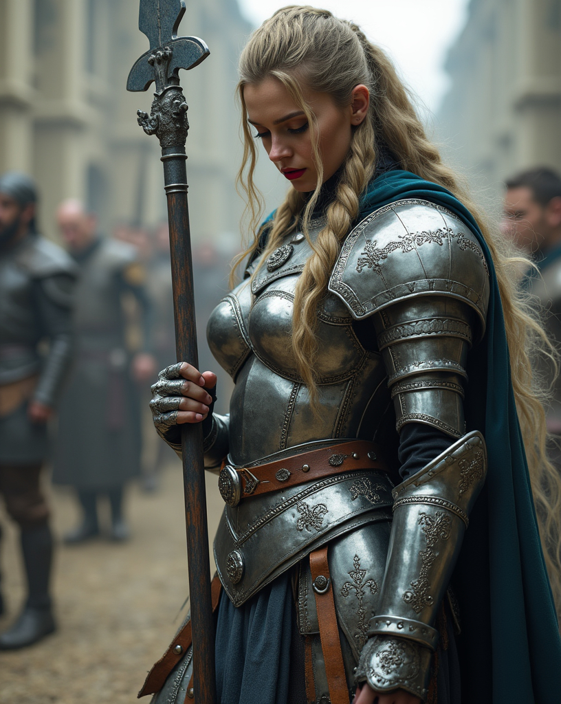 Prompt: Generate a highly photorealistic portrait full body shot of a beautiful Viking Valkyrie with a magical spear, silvery viking armor with runes, red lipstick, thick legs, over knee boots. She is looking down while standing. She is standing in an ancient Viking city.