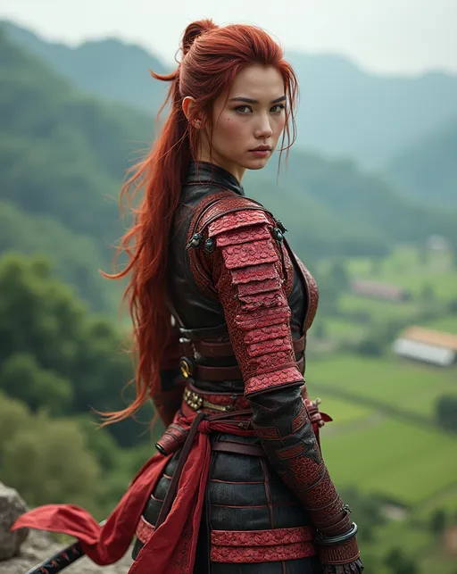 Prompt: Create a highly photorealistic image of a beautiful samurai female warrior, chestnut hair, amber eyes, thick legs, clad in a red dragon scale samurai armor, she has a beautiful katana, she stands on a mountain top looking over a green valley with rice fields.