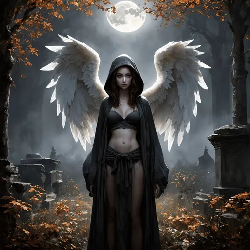 Prompt: A Renaissance masterpiece in digital illustration drawing with intricate details and the best quality art by, (Caravaggio), (hans larwin) and (luis royo), a cloudy foggy moonless autumn night, eerie gothic chapel garden, dark stone, in the middle young attractive (angelic) woman with innocent (beautiful oval face) with dark grey eyes and full lips, fit slim skinny (hourglass figure) and abs belly abdomen with hip bones and brown messy hair, pale skin standing still in torn hooded ripped rags, moon, angel, (gigantic white angel wings:1.4),