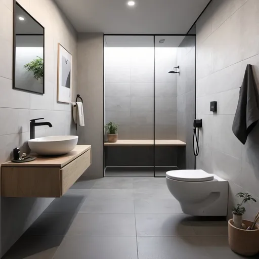 Prompt: Add a wall-hung toilet on the right side upon entering, and the floor should be tiled