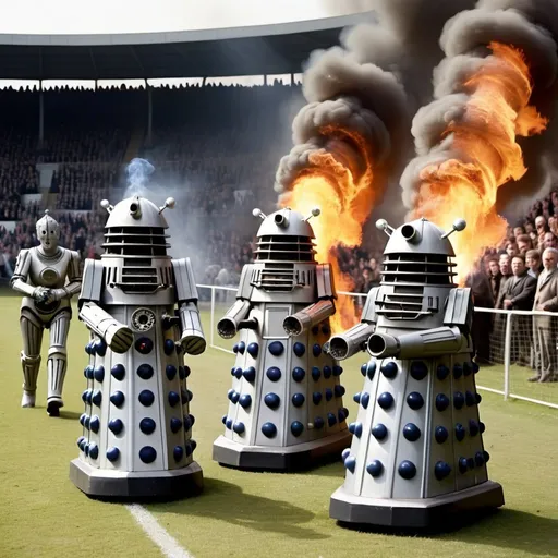 Prompt: Cybermen and Daleks playing a football match. Some of the spectators are in flames. Live television graphics