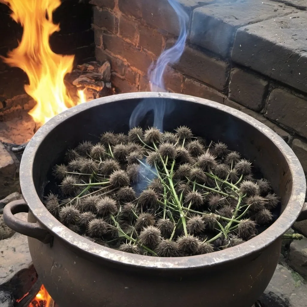 Prompt: Thistles boiling in a pot of haggis fat over a fire in an 18th century Scottish slum dwelling