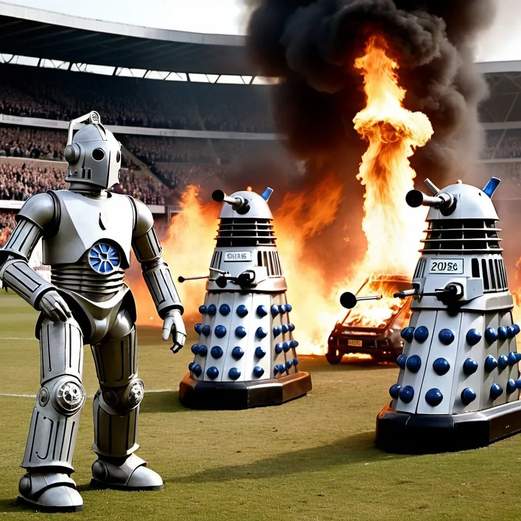 Prompt: Cybermen and Daleks playing a football match. Some of the spectators are in flames. Live television graphics