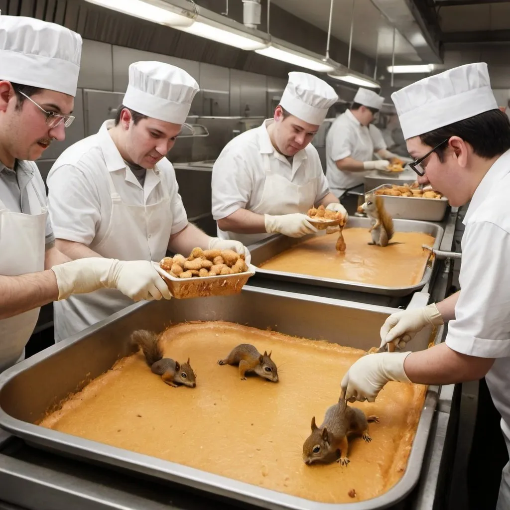 Prompt: Workers on a production line dunking squirrels into batter and deep frying them for a fast food restaurant 