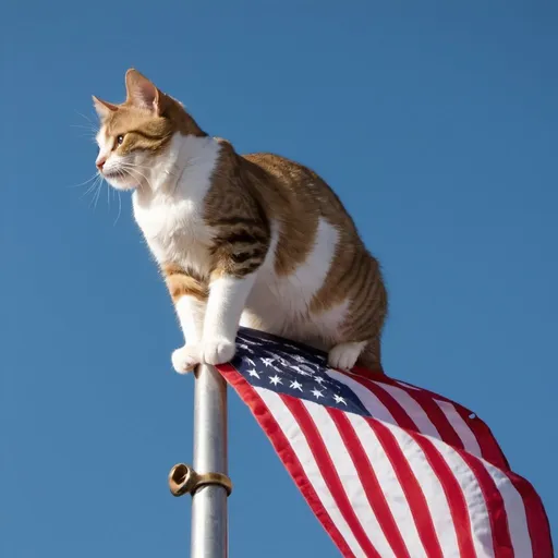 Prompt: A cat attached to the top of a flag pole, flapping in the wind