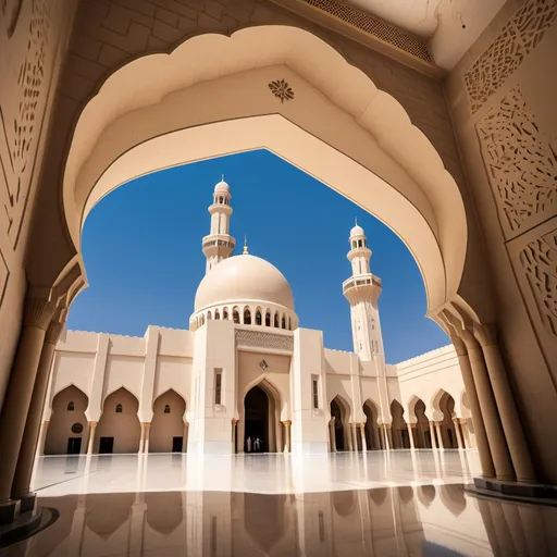 Prompt: generate an A4 size photo with Sultan Qaboos Grand Mosque, Nizwa Fort, Bimmah Sinkhole which are the attractions in Oman to place in a quotation document as the background image