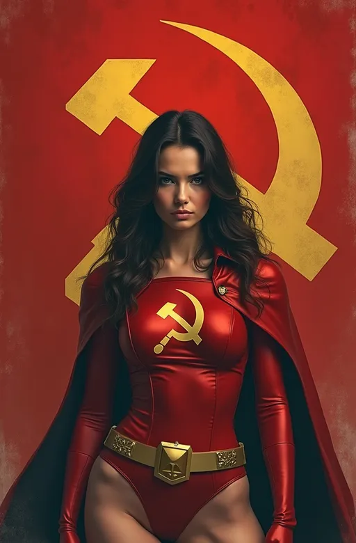 Prompt: Russian women in soviet era with soviet style superhero costume with hammer and sickle, full body pose with heroic, little bit Asian hybrid, long hair, behind soviet hammer and sickle flag, her hero symbol is soviet hammer and sickle, and design is movie poster 