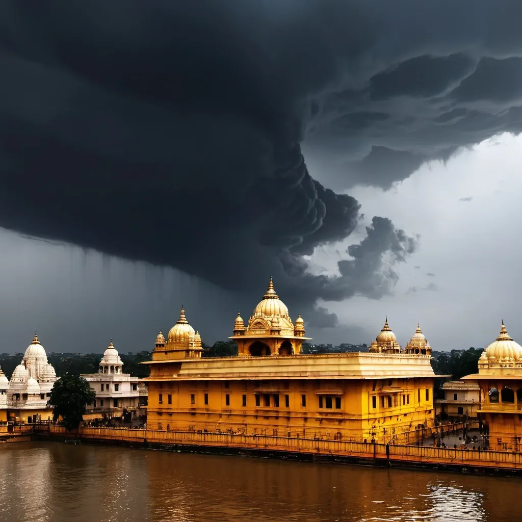 Prompt: Dark clouds swirling over Ayodhya, with the golden palace in the background