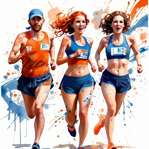 Prompt: digital watercolor painting, marathon, one man, two women, finish line, shorts, paint splatter, blue and orange, bold brush strokes, art nouveau, 