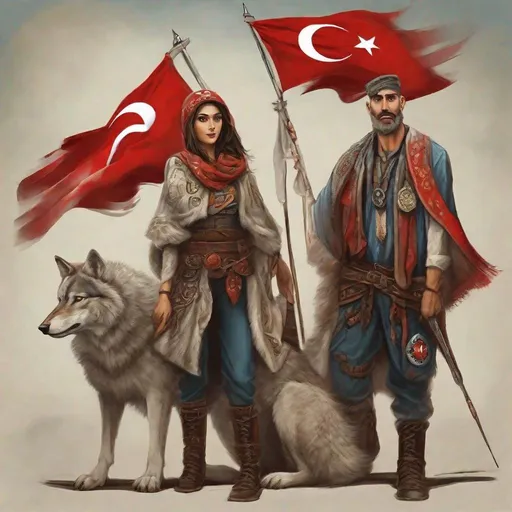 Prompt: Wolfs, with woman and Man model,
Turkish flag, cartoony style, extremely detailed painting