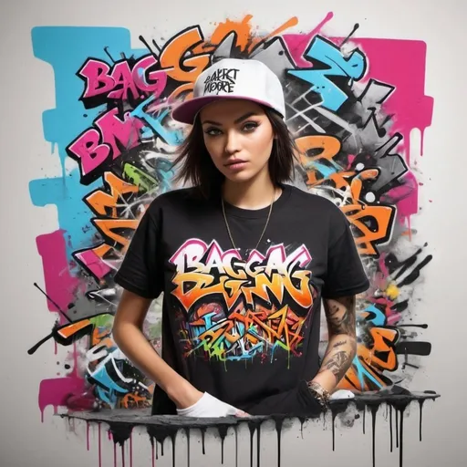 Prompt: Urban Graffiti Style:Prompt: "Create a streetwear T-shirt design with an urban graffiti style for 'Bagg Gang 4 more then one hustle. The design should feature bold, colorful graffiti text and elements like spray paint, street art characters, and abstract patterns. Include motifs such as money bags, streetwear fashion items, and city skylines. The overall vibe should be edgy and rebellious."