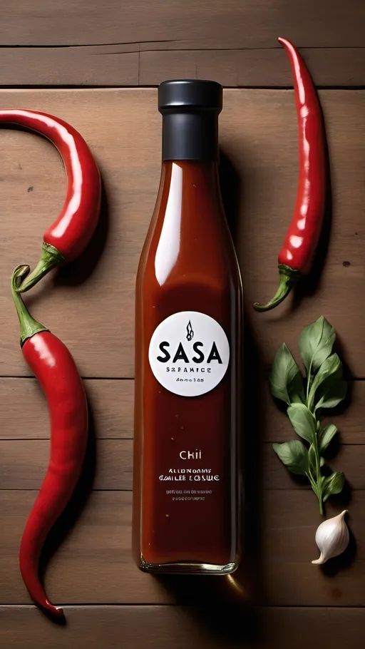 Prompt: "A close-up shot of a sleek, tall glass bottle of Sasa sauce, elegantly placed on a rustic wooden table. The rich, deep color of the sauce contrasts beautifully with the transparency of the glass, highlighting its artisanal quality. The bottle's design is modern yet timeless, with a minimalistic label that speaks to the sauce's local origins. Surrounding the bottle, fresh ingredients like garlic cloves, chili peppers, and herbs are artfully scattered, hinting at the rich, flavorful blend inside. The lighting is warm and soft, creating a cozy, inviting atmosphere that exudes a sense of culinary luxury